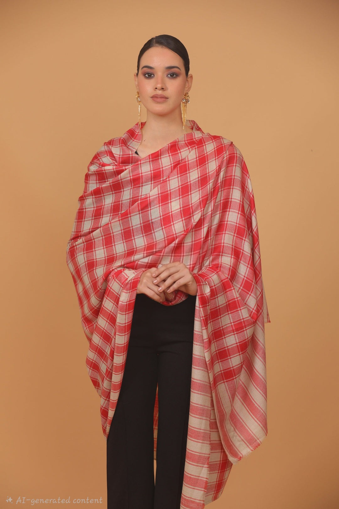 womens Extra Fine Wool shawl, CHECKERED design, Beige And Red