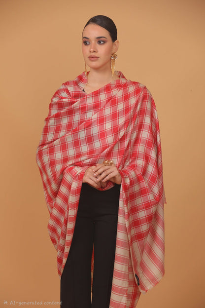 womens Extra Fine Wool shawl, CHECKERED design, Beige And Red