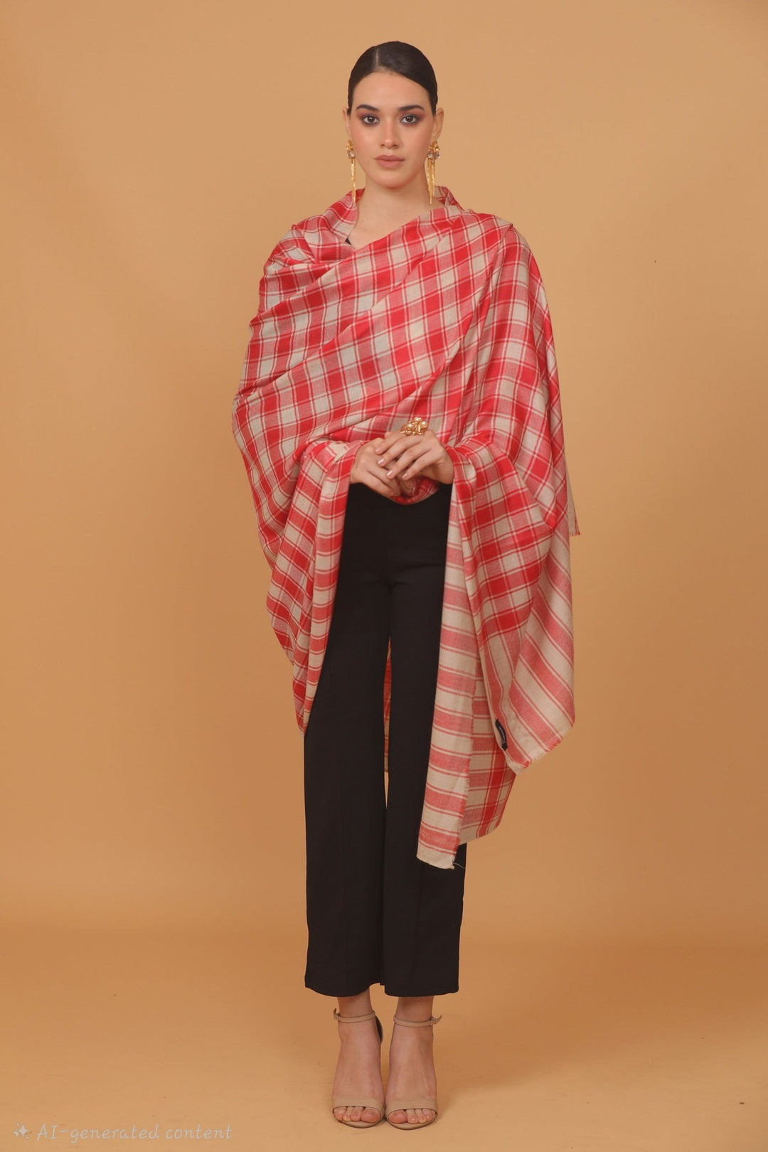 womens Extra Fine Wool shawl, CHECKERED design, Beige And Red