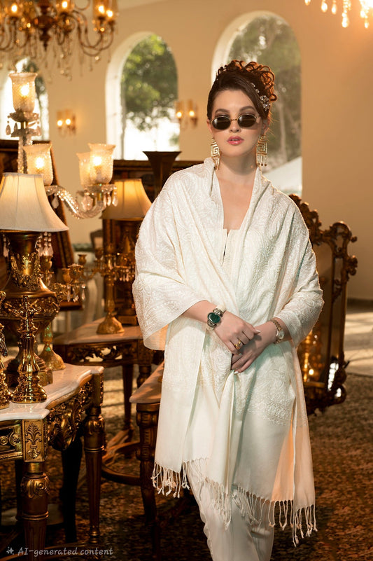 Womens Stole Fine Woollen, Silky Nalki Embroidery Tone on Tone, Ivory