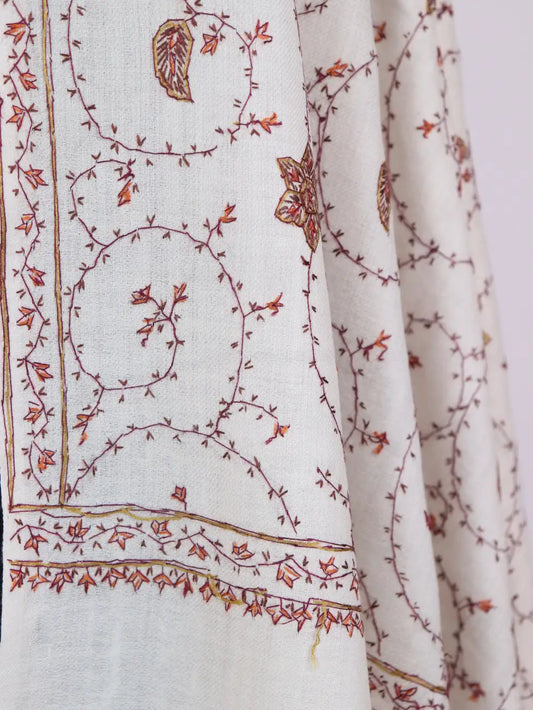 White Pashmina Wool Hand Sozni Embroidery Shawl for Women