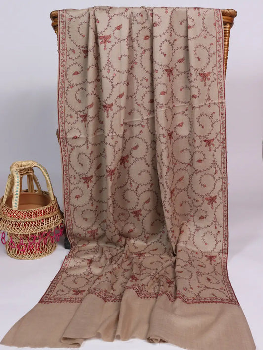 Kashmiri Hand Sozni Embroidered Beige Kashmiri Pashmina Wool Shawl