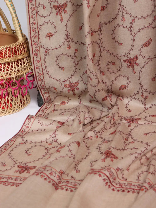 Kashmiri Hand Sozni Embroidered Beige Kashmiri Pashmina Wool Shawl