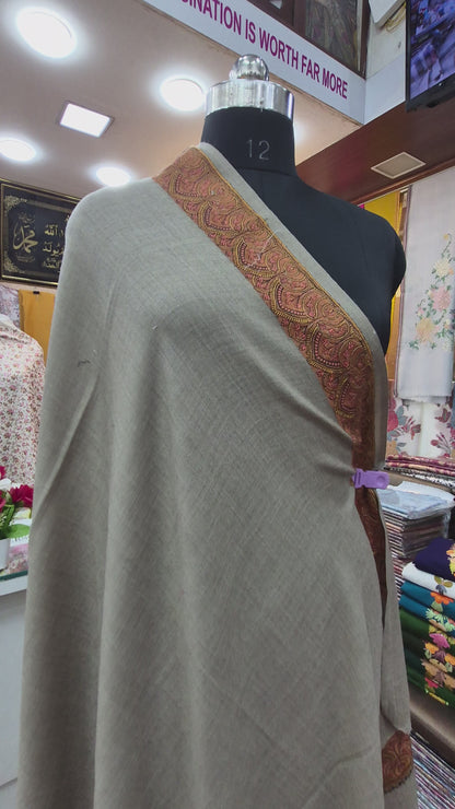 Light brown Wool Shawl with Ornate Paisley Borders